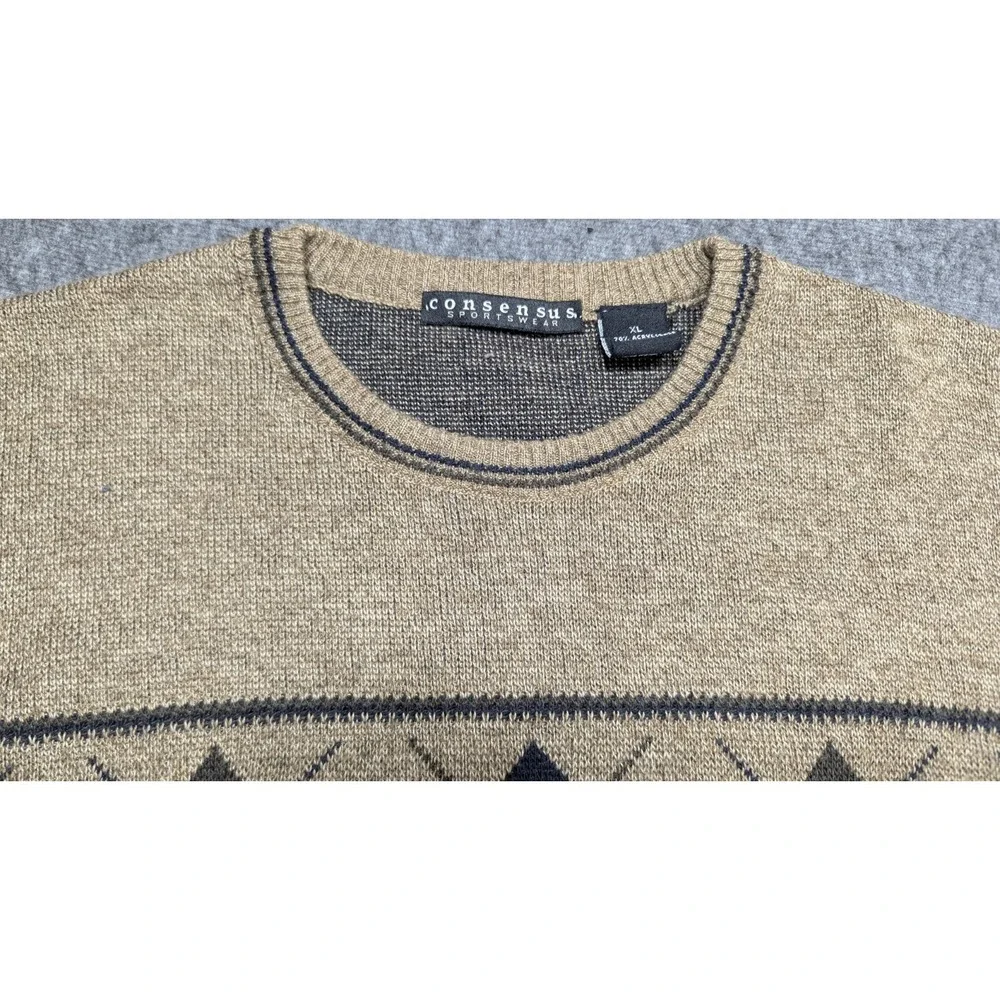 Vtg Sweater Mens Extra Large Tan Y2K‎ Wool Blend Grandpa Argyle Retro Crewneck